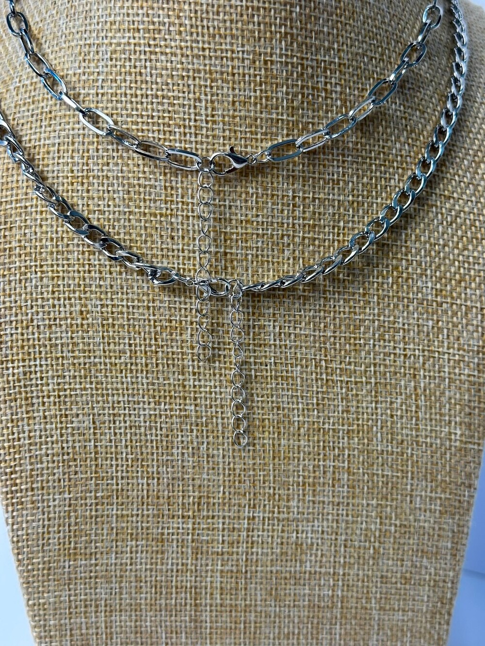 Silver Toned Layered Double Chain Necklace Paperclip Link Toggle Clasp Adjustabl - Picture 3 of 5